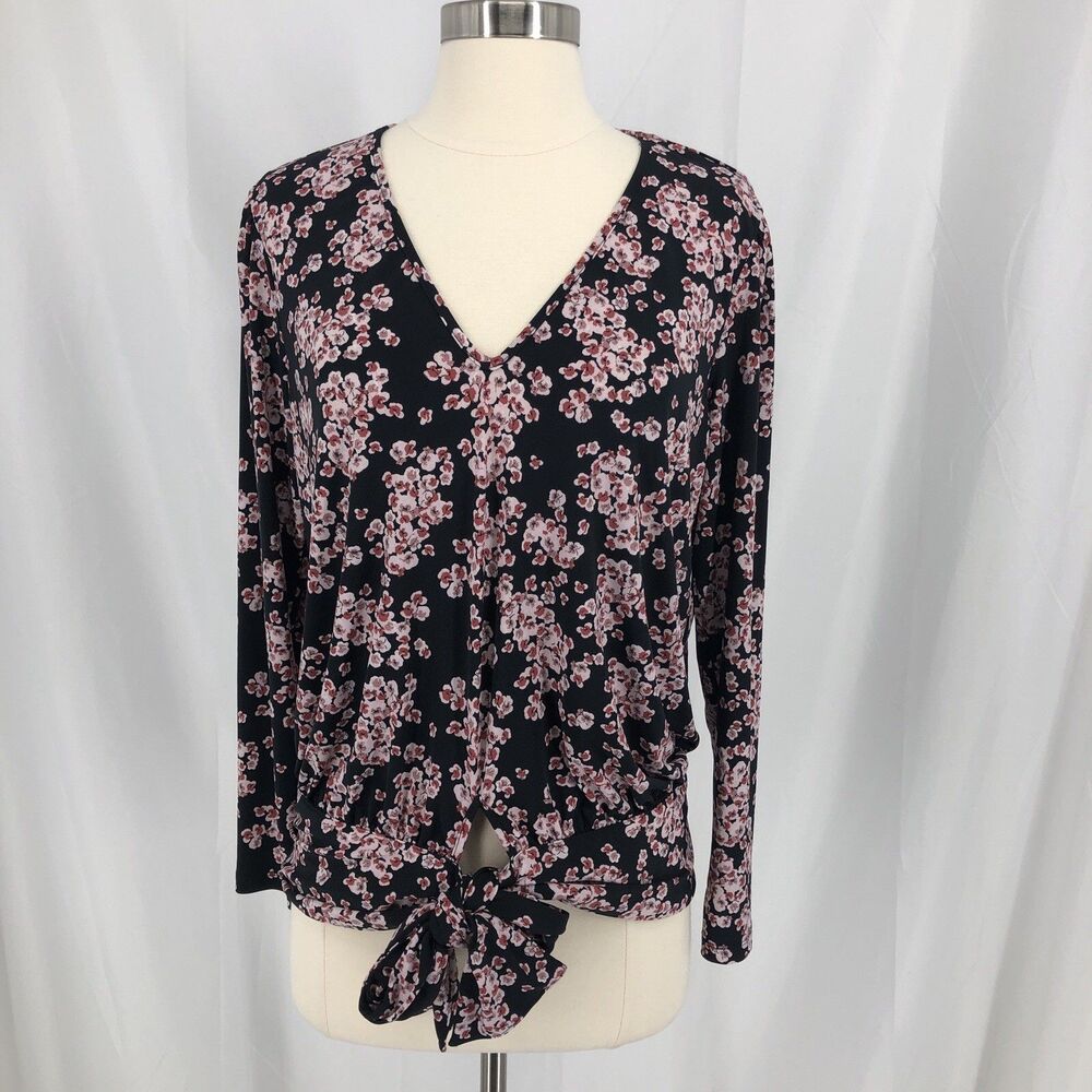 Banana Republic Women Black Red Floral Blouse V-Neck Tie Waist Medium